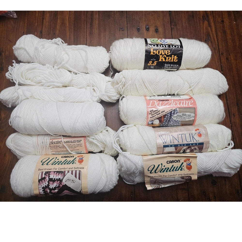 Vintage Caron Wintuk‎ Dazzleaire Love Knit White Yarn Lot 10 Skeins Worsted USA